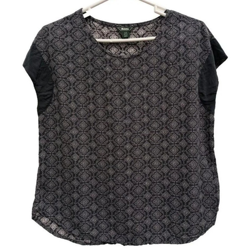 Roots BOHO Bloluse Top Womens‎ Small Black Floral Print Cap Sleeve Preppy Casual